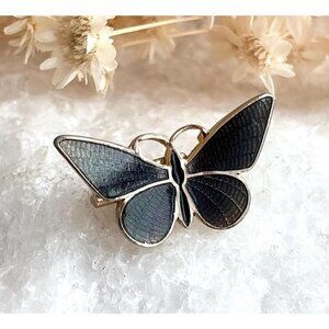 Butterfly Figural Black Enameled Textured Gold Toned Vintage Brooch